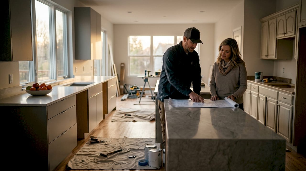 Homeowner and contractor reviewing kitchen remodel plans