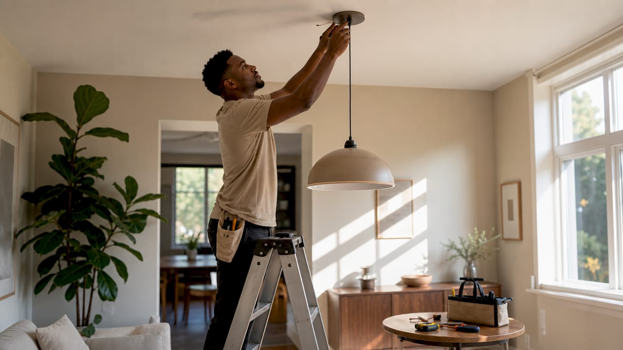 Man upgrading kitchen lighting fixture