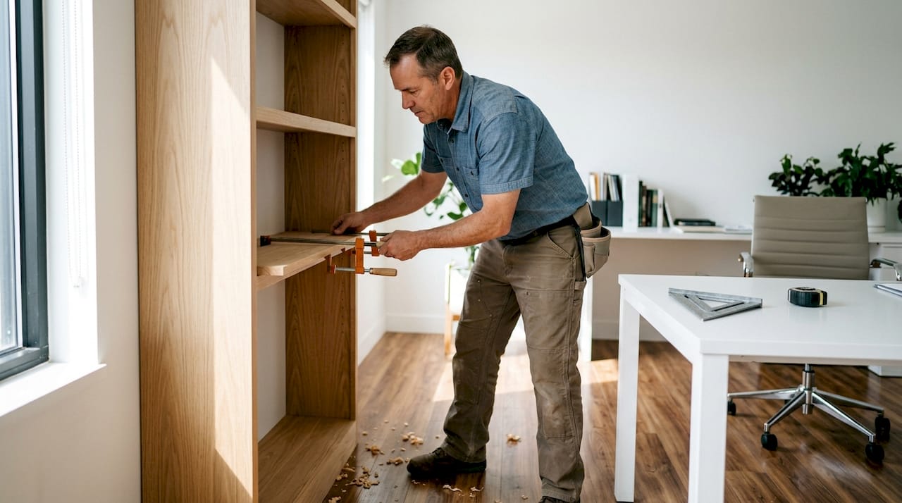 Carpenter installing built-in wooden bookcase