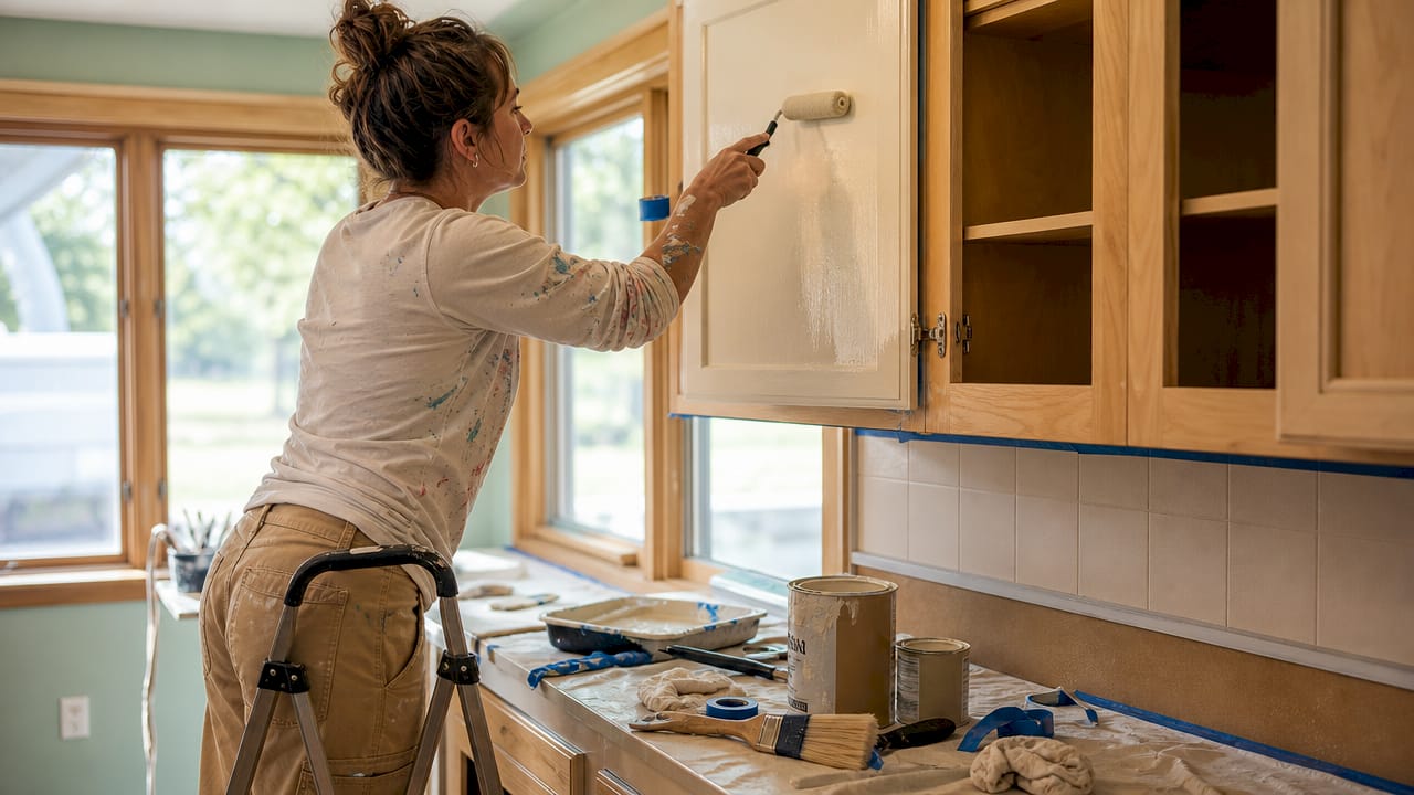 Hands painting kitchen cabinet door