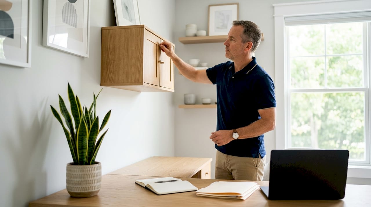 Man adjusting mounted upper cabinets in small office