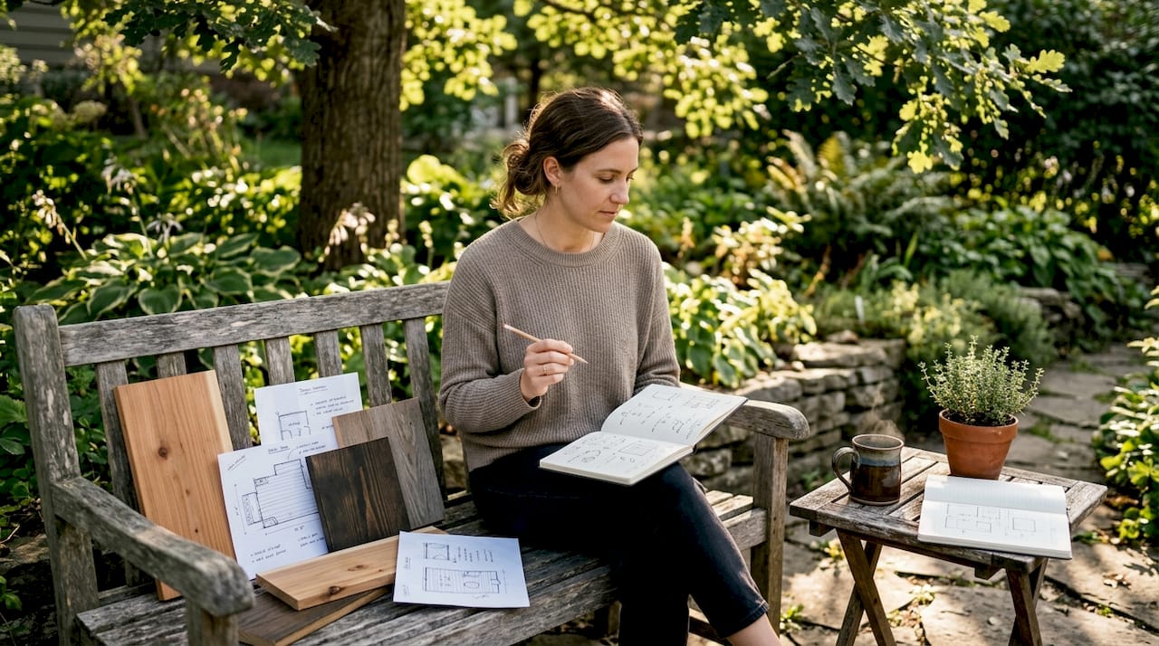 Woman planning carpentry project at home table