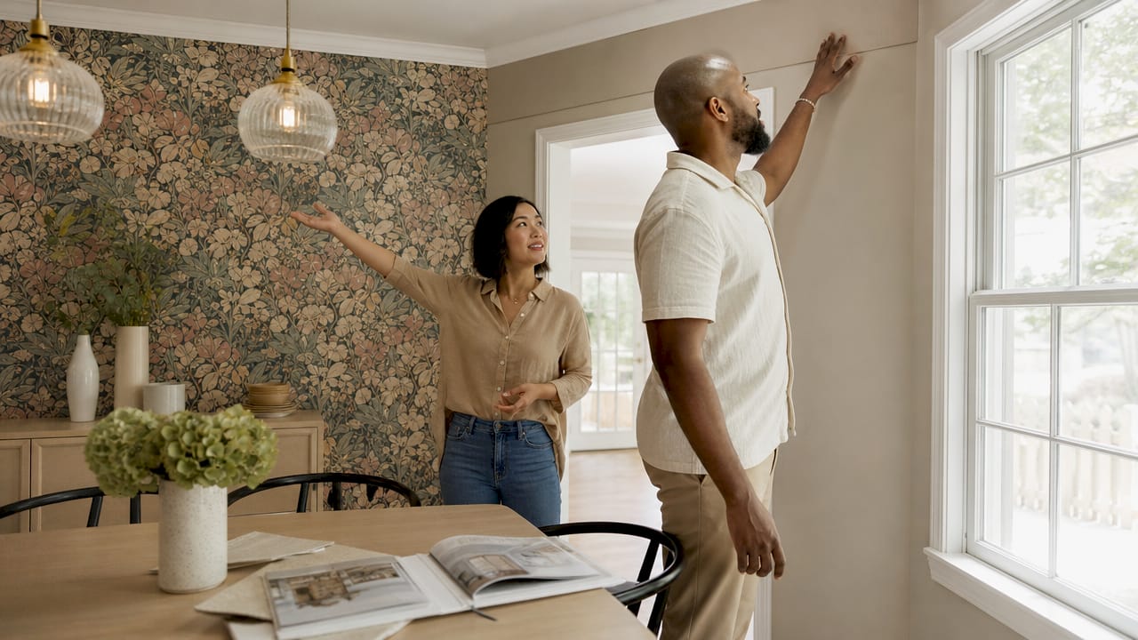 Couple examining kitchen cosmetic renovation updates