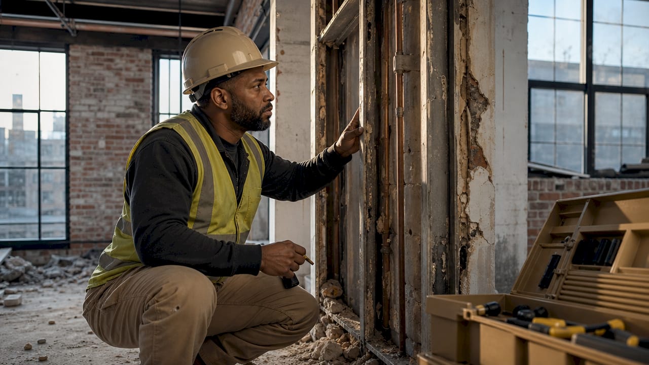Contractor inspecting selective demolition in home