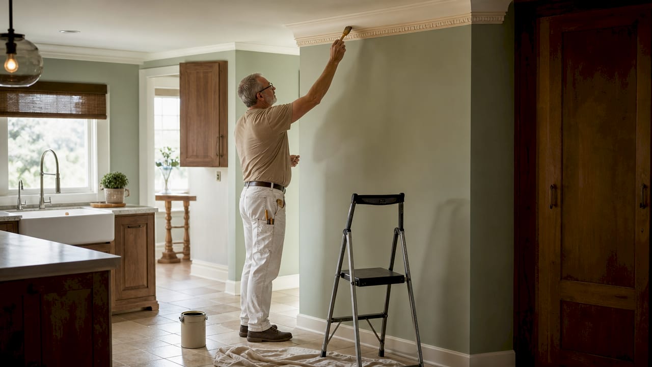 Craftsman painting detailed crown molding indoors