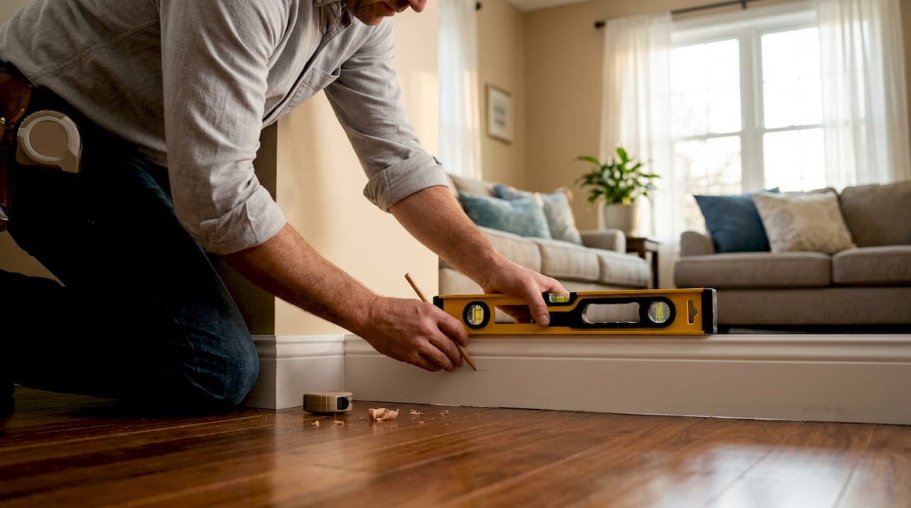 Close-up of hands fitting elevated baseboard trim