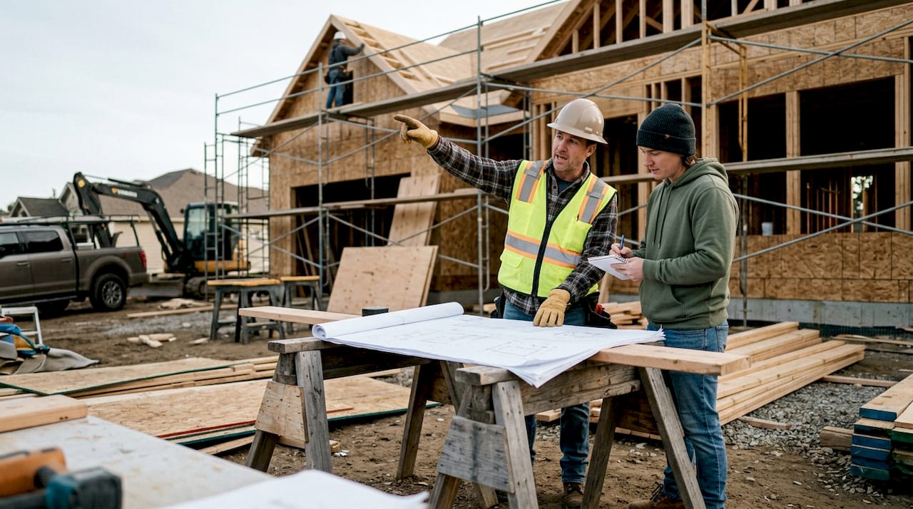 Contractor and client examining blueprints at renovation site