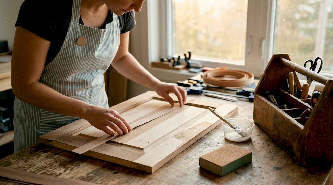 Hands applying veneer during cabinet refacing