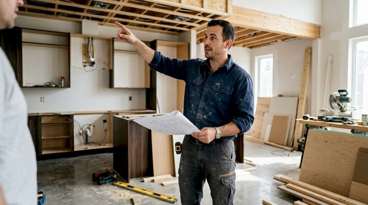 Contractor explaining renovation details in living room