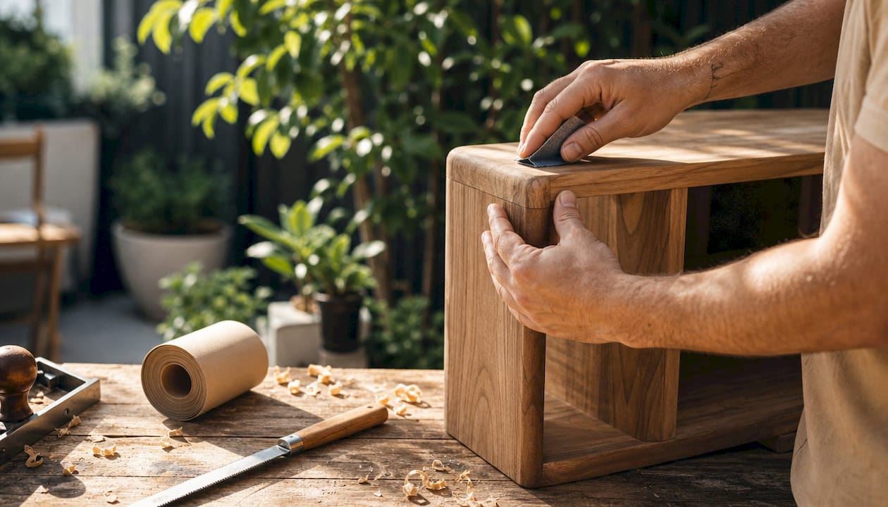 Carpenter sanding custom wooden shelf edge