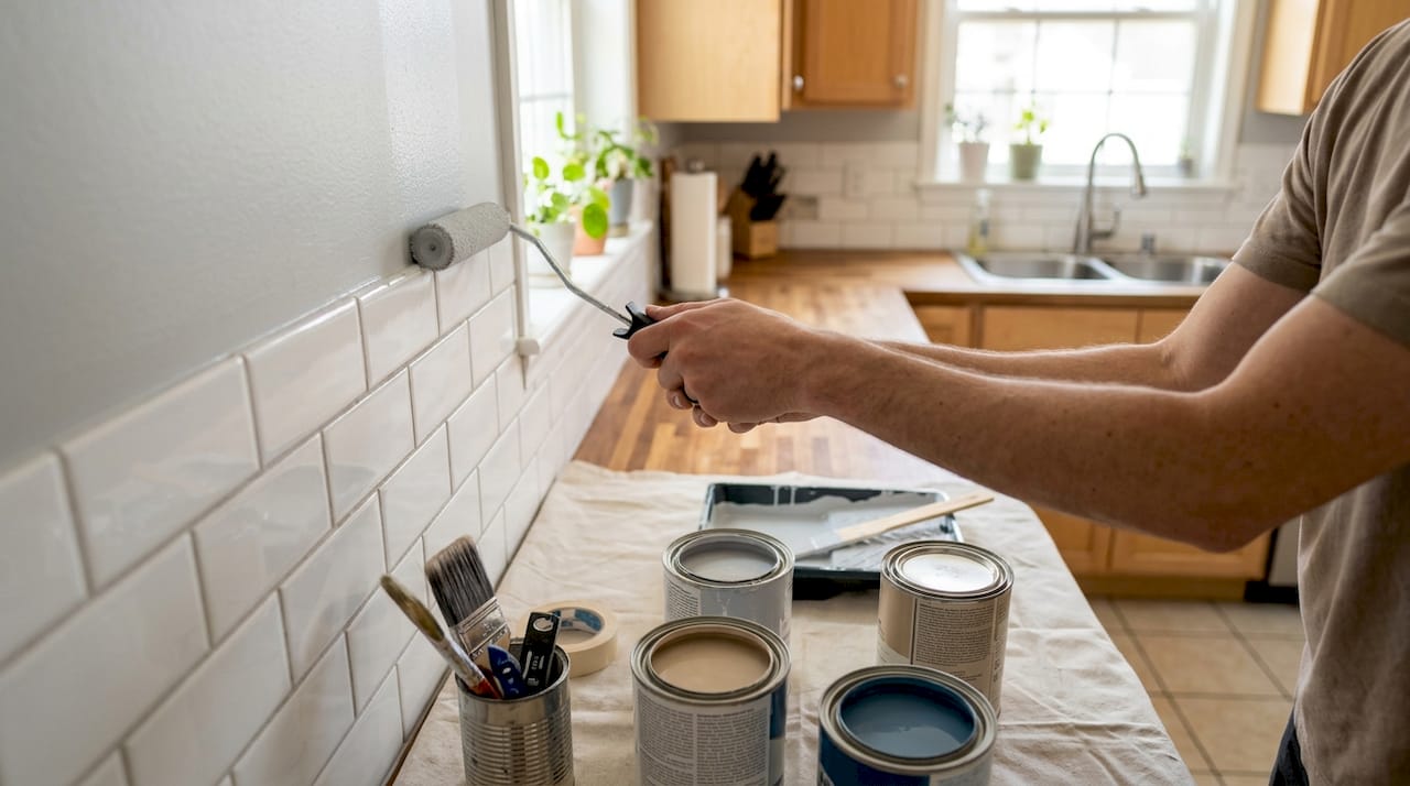 Close-up of hands painting kitchen wall