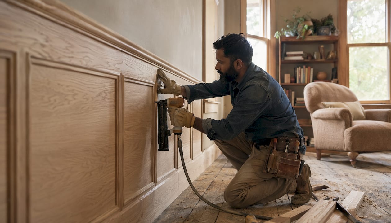 Carpenter installing wooden wainscoting panels in dining room