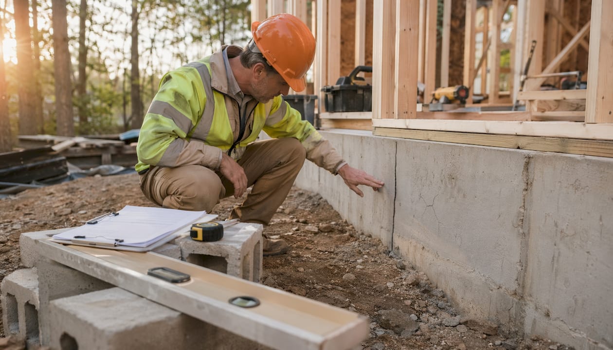 Inspector examining house foundation crack