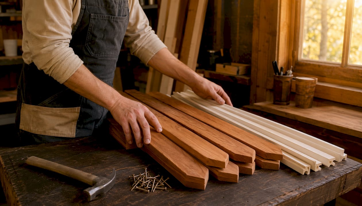 Hands with bathroom woodwork materials and tools