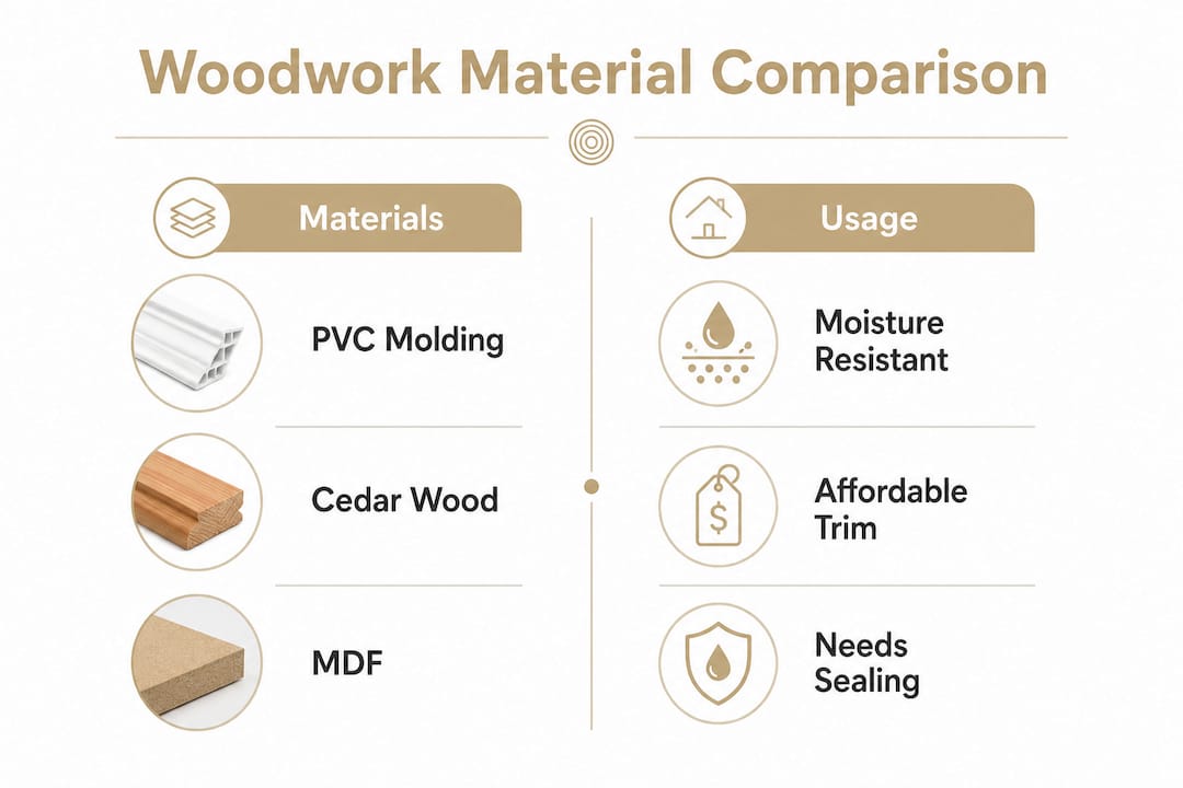 Infographic comparing bathroom woodwork materials and uses