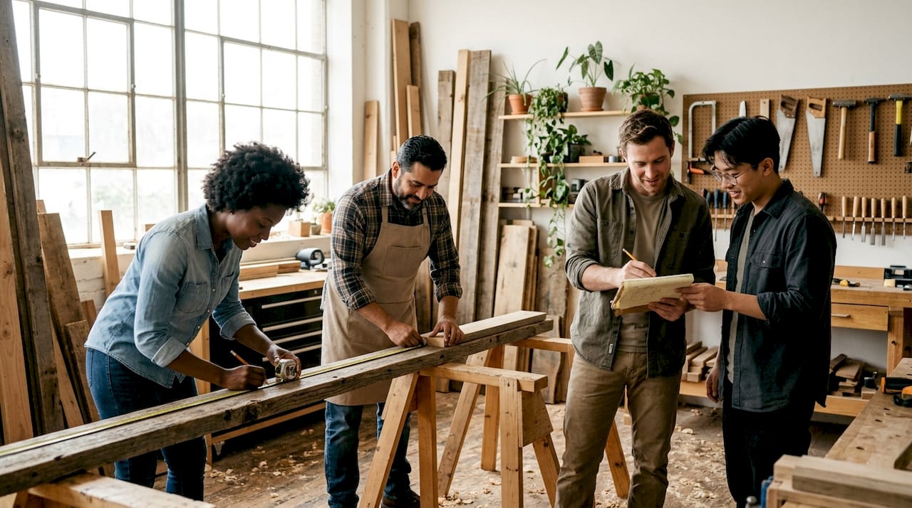 Carpenters working with reclaimed wood in workshop