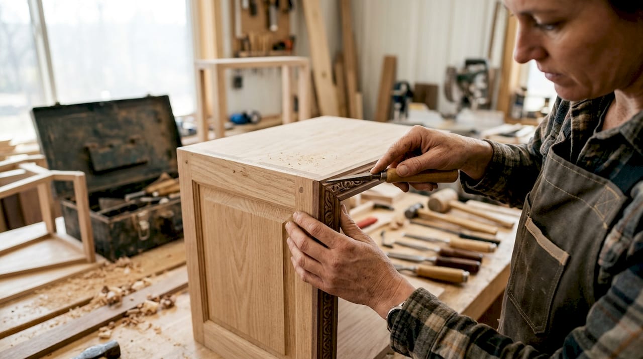Carpenter hands fitting wooden trim detail