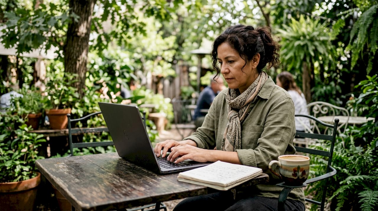 Hands typing laptop in coffee shop environment