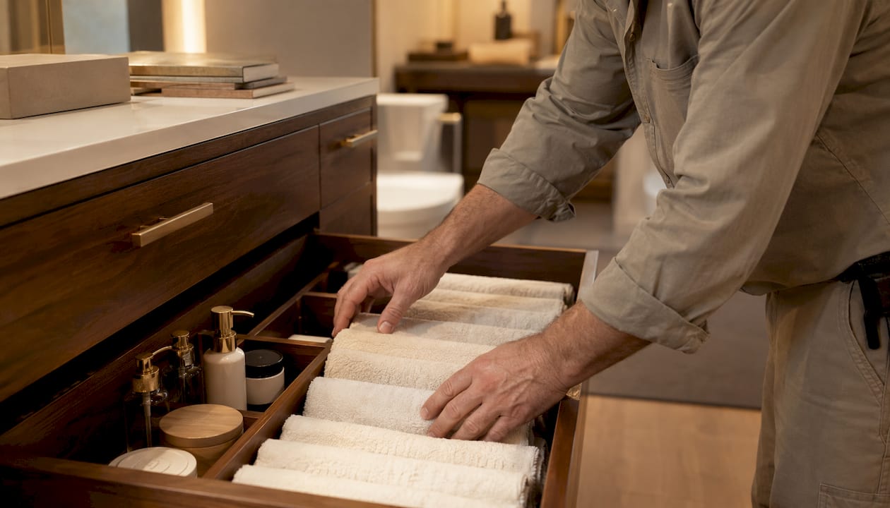 Hands organizing custom bathroom cabinet drawers