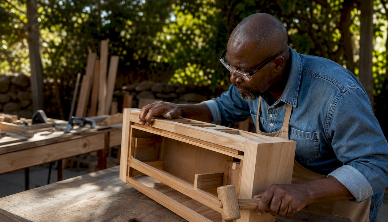 Carpenter inspecting cabinet joinery up close