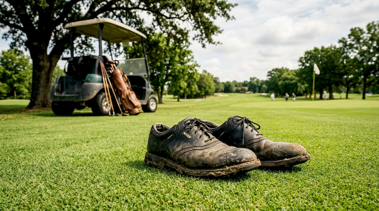 Close-up of worn waterproof golf shoes on grass