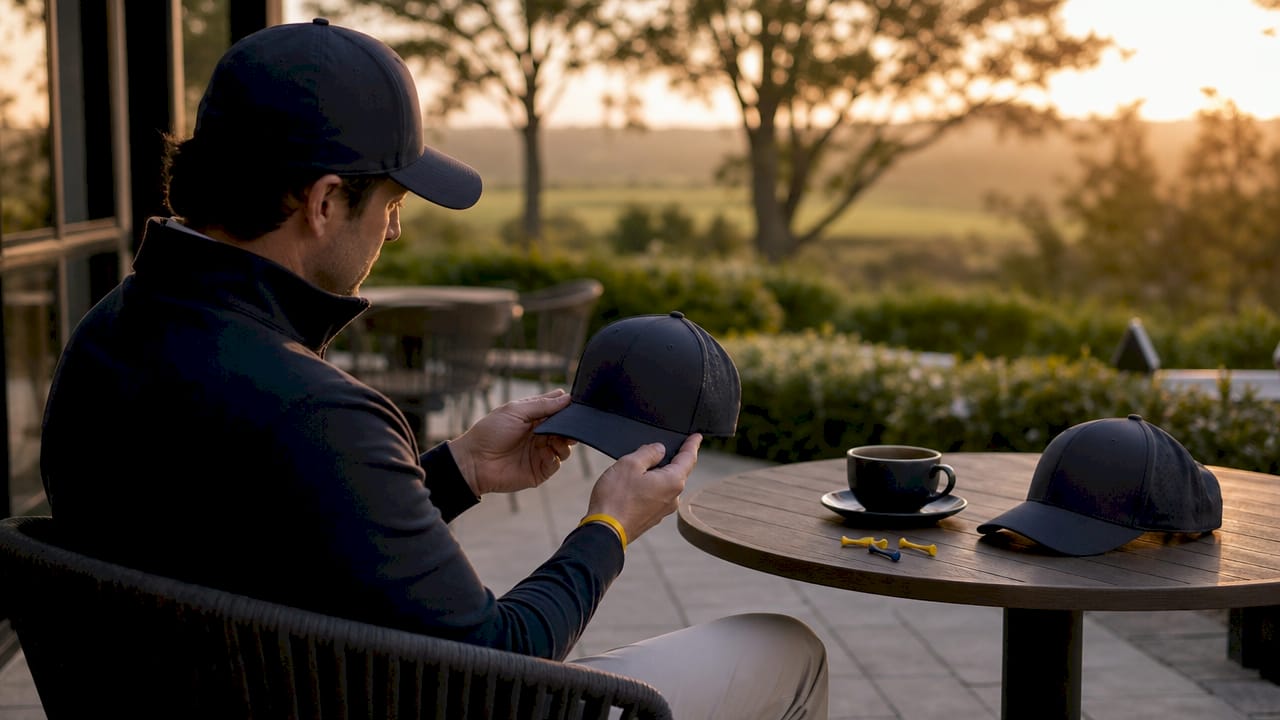 Hands holding two different functional golf hats