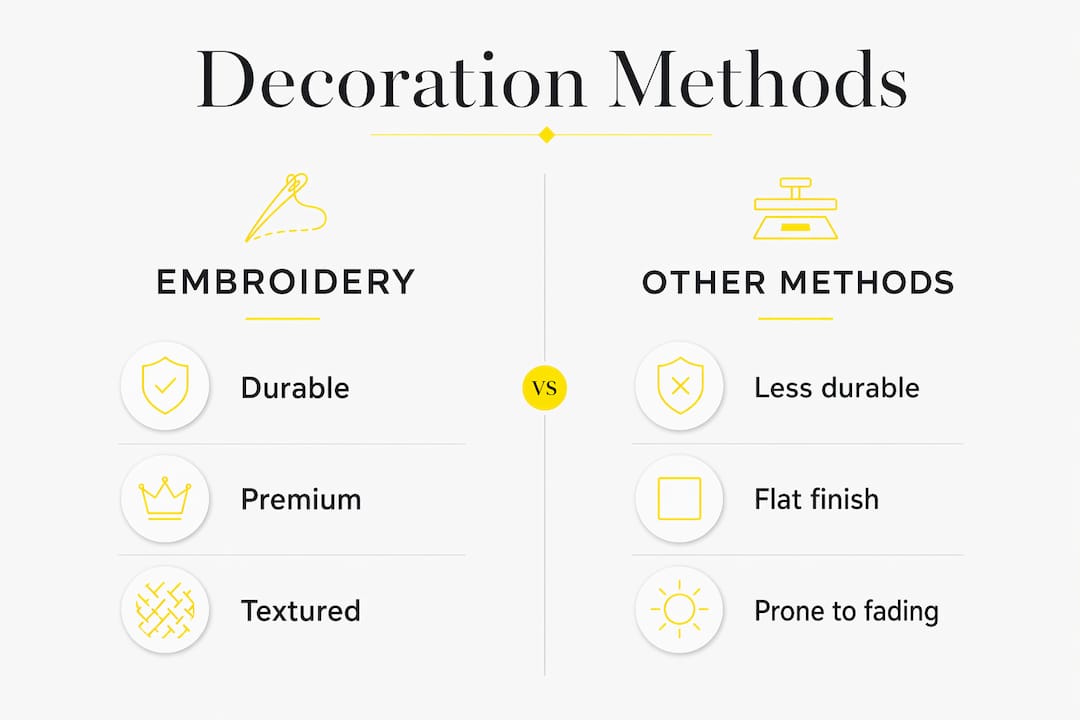 Comparison infographic of embroidery vs other golf hat decoration