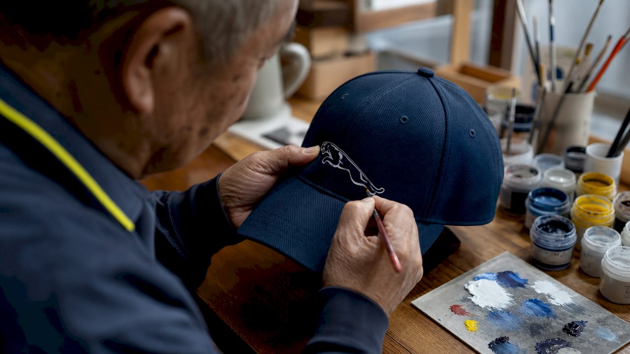 Hands embroidering golf hat design up close