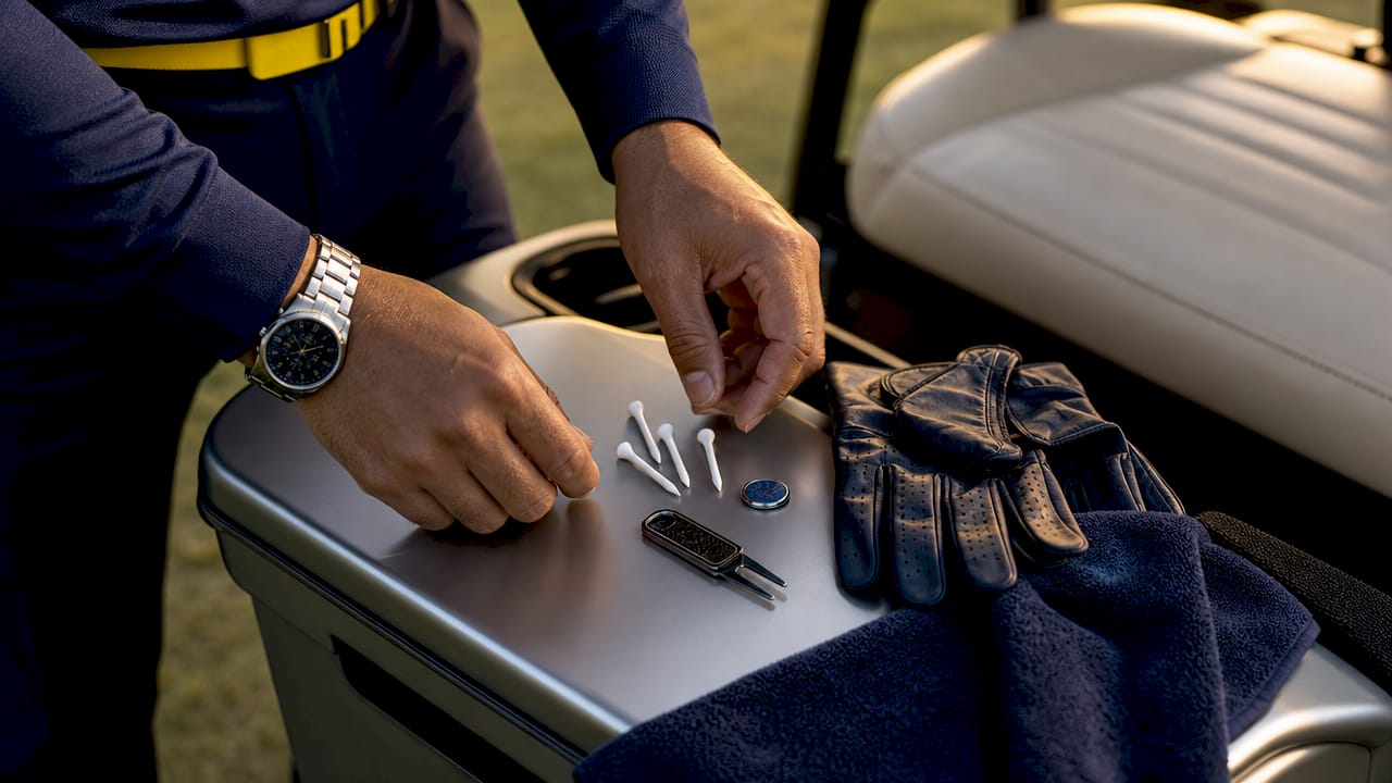 Hands organizing golf accessory essentials