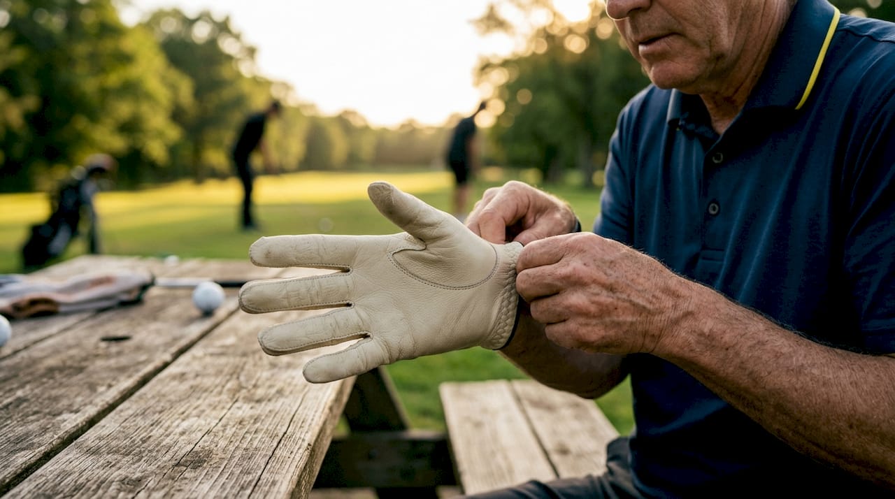 Close-up hands putting on leather golf glove