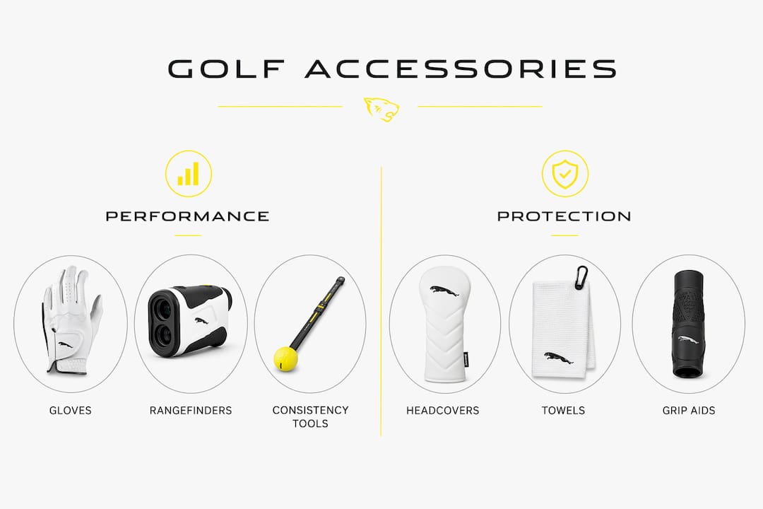 Infographic showing golf accessory categories performance and protection