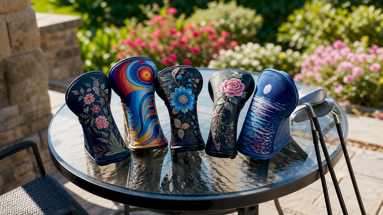 Artistic hand-crafted golf headcovers on wood table