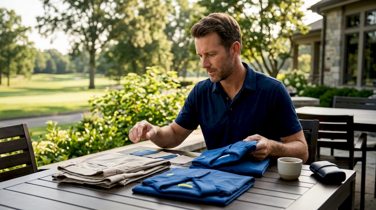 Man sorting golf wardrobe pieces at desk
