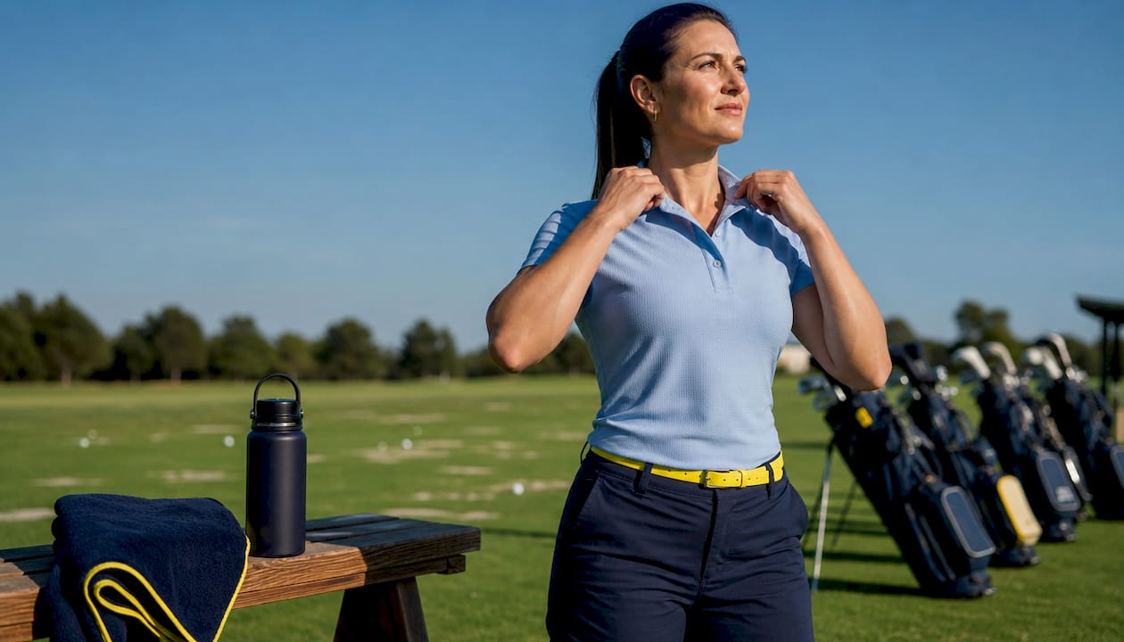 Hands adjusting moisture-wicking golf polo