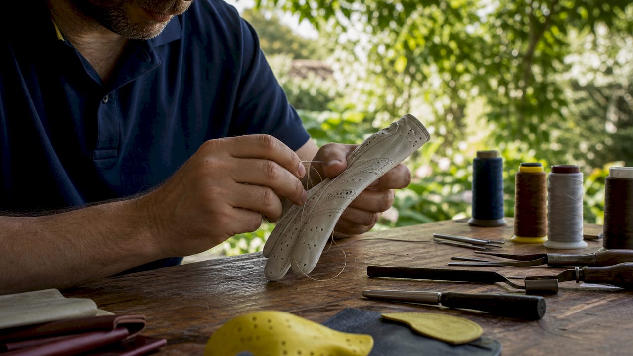 Artisan crafting premium leather golf glove close-up