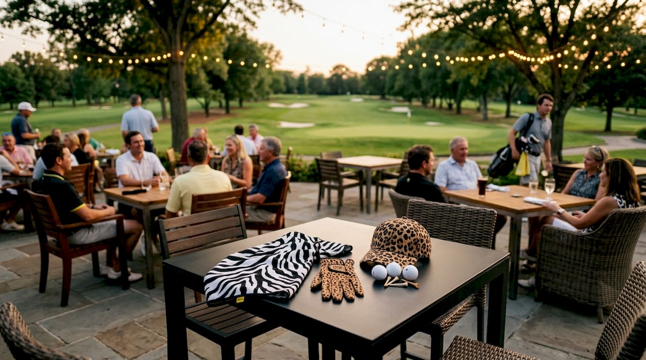 Close-up of various animal print golf accessories on bench