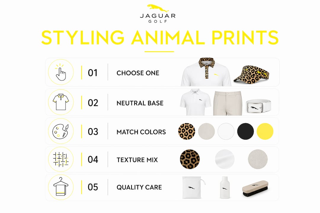 Infographic illustrating styling steps for animal print golf accessories
