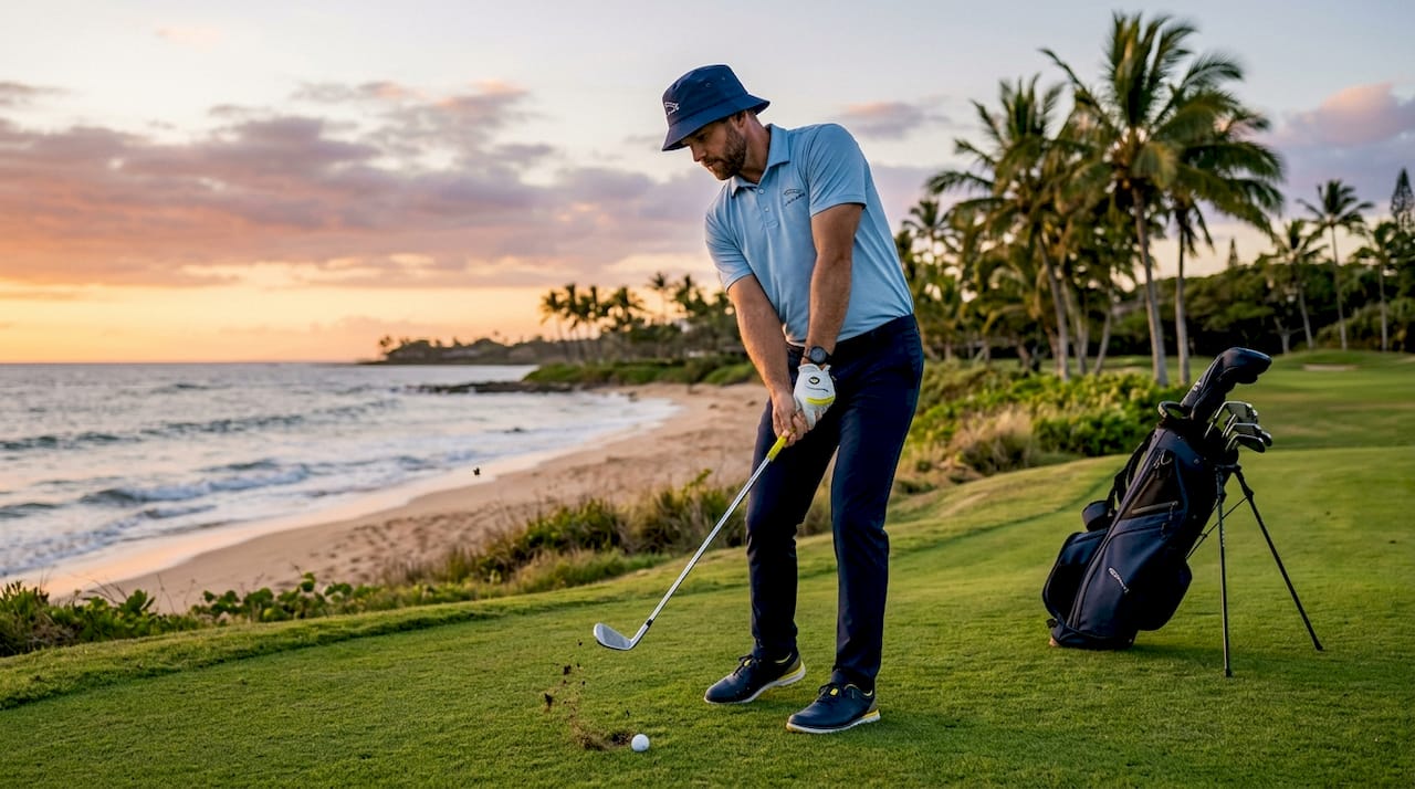 Golfer wearing structured bucket hat mid-swing outdoors