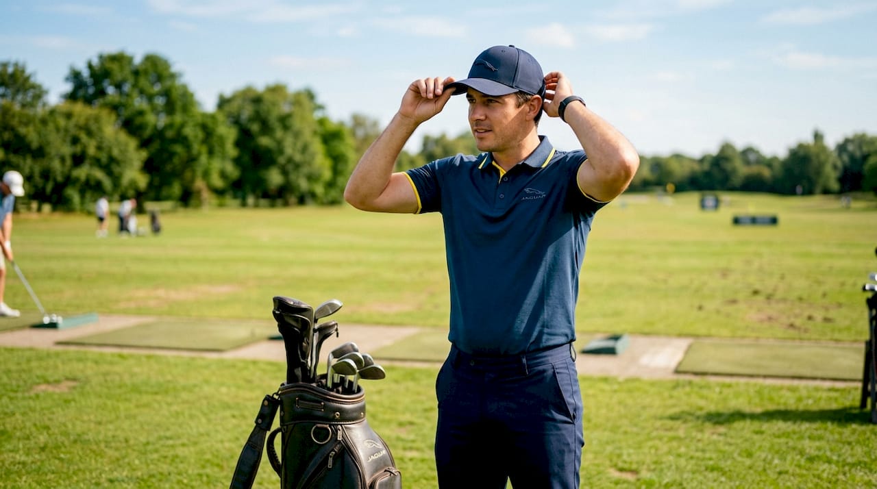 Golfer adjusting premium golf hat on course
