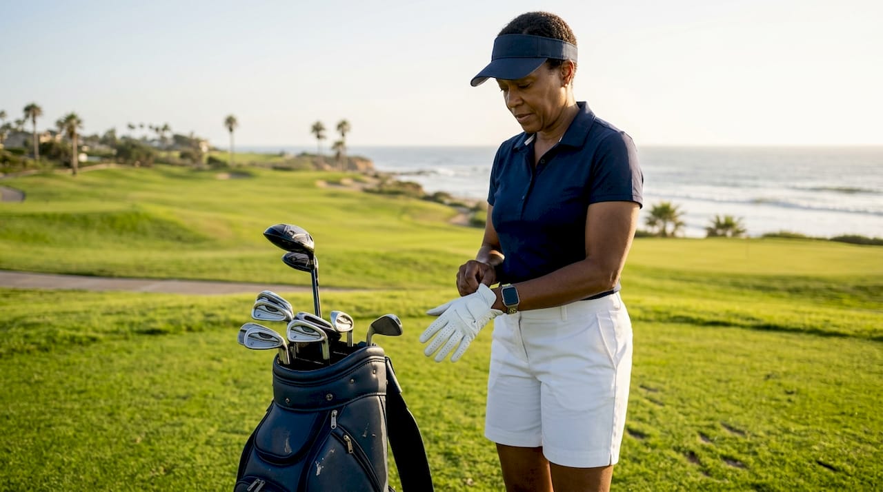 Golfer dressed in standard golf attire preparing tee shot