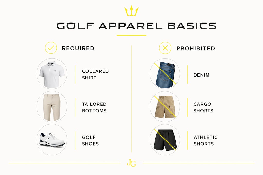 Infographic comparing required and prohibited golf apparel elements