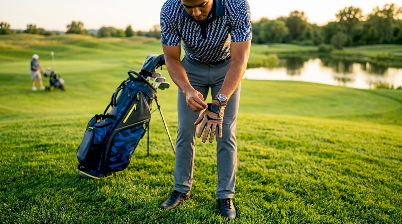 Young golfer adjusting colorful glove on tee box