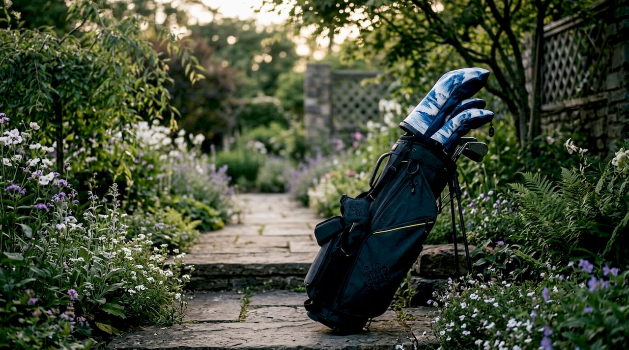 Golf bag with Chinese water painting headcovers