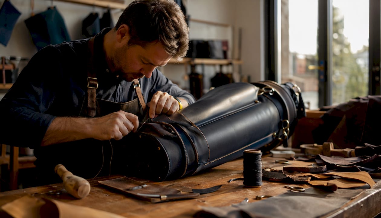 Hands stitching a handmade leather golf bag