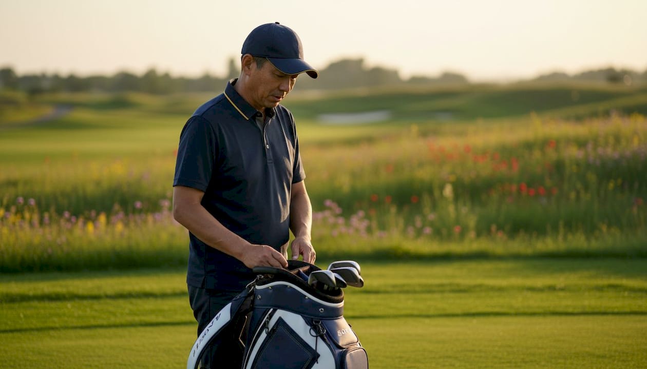 Golfer matching hat and bag on course