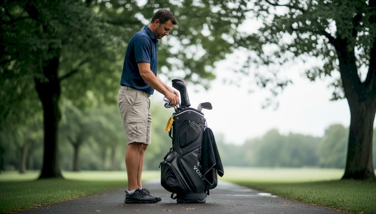 Golfer using magnetic towel to retrieve club