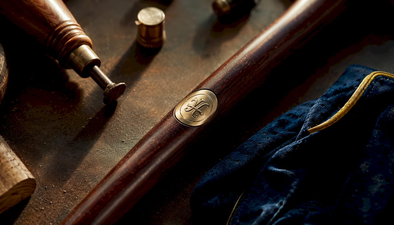 Close-up of monogrammed brass club grip marker