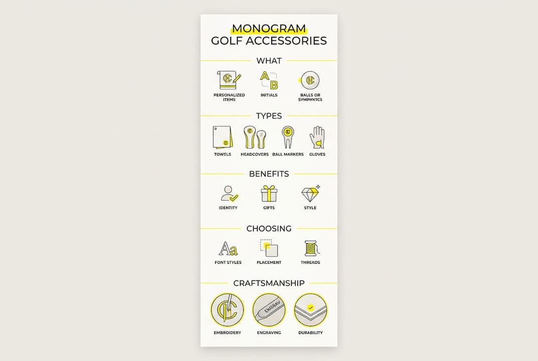 Infographic showing monogram golf accessories overview with key points