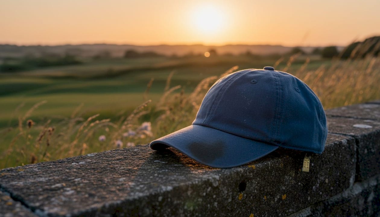 Cotton golf hat with sweat marks outdoors