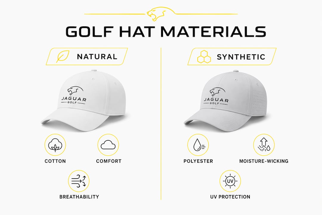 Infographic comparing natural and synthetic golf hat materials